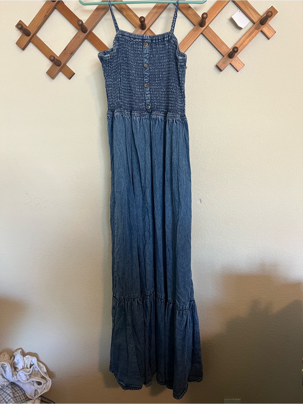 Denim Maxi Sundress with Smocked Bodice - Blue